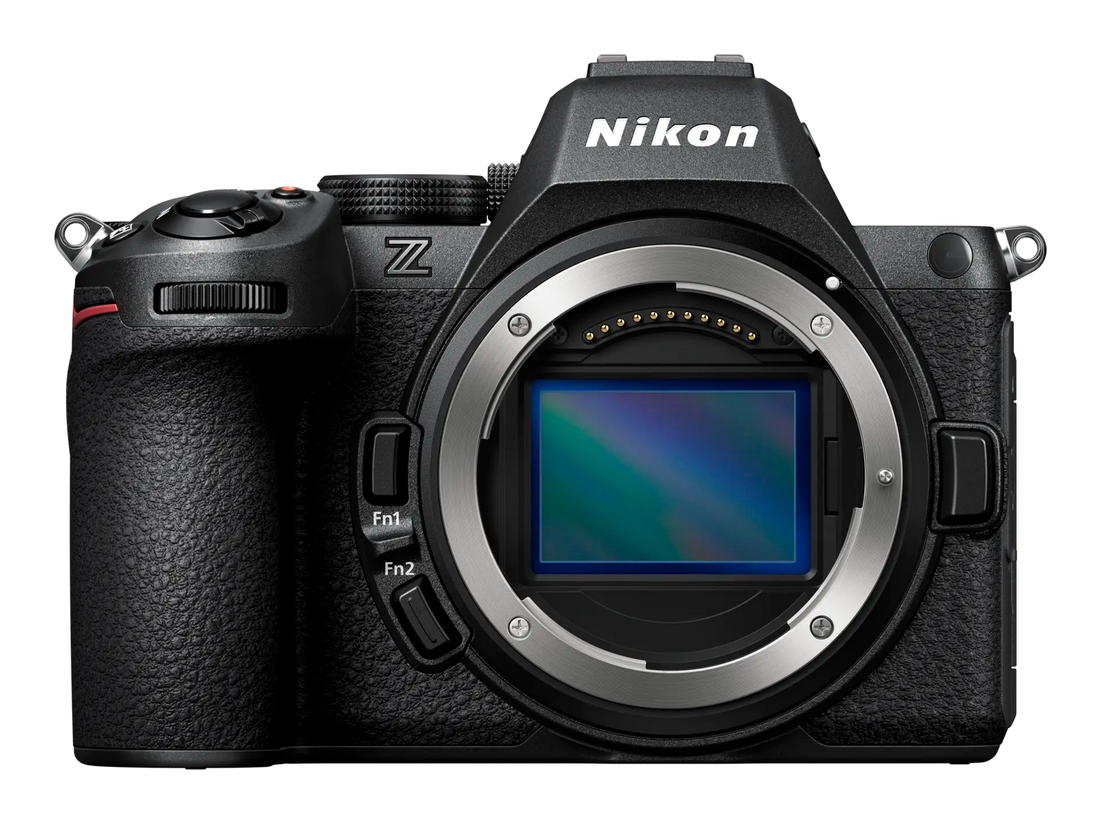 Nikon_Z5II_Body von vorn mit Blick auf Fn Tasten, Sensor, bajonett und einstellrad